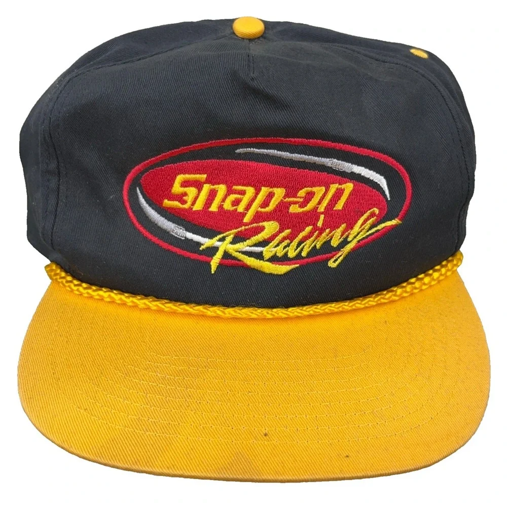 Vintage Snap On Hat Cap Snapback Black Yellow Racing 90s Y2K Tools Rope Trucker
